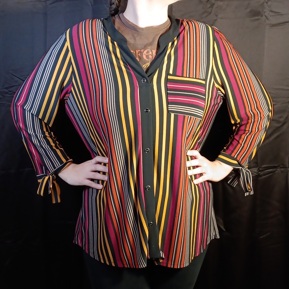 Emma & Olive Blouse Womens XXL Red Multiple Color Stripe Button Down Career Plus